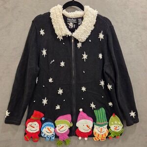 ALL POINTS Embroidered Zip Cardigan Women's 1X Snowman Ugly Christmas‎ Sweater
